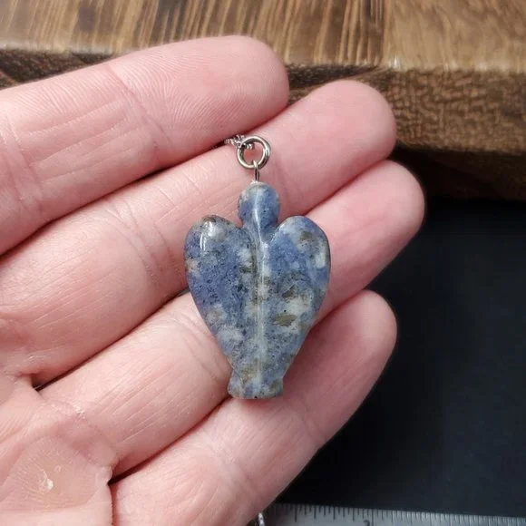 18 Inch Sterling Silver Carved Sodalite Stone Angel Pendant Necklace - Picture 4 of 7
